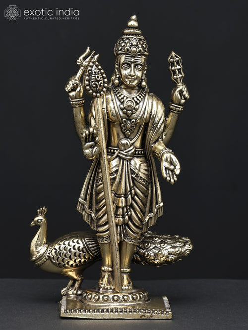 Superfine Four-Armed Standing Murugan Brass Statue with Peacock