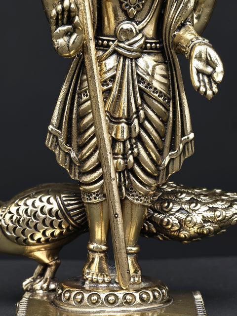 Superfine Four-Armed Standing Lord Murugan (Karttikeya) with Peacock | Small Brass Statue