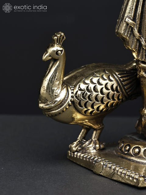 Superfine Four-Armed Standing Lord Murugan (Karttikeya) with Peacock | Small Brass Statue