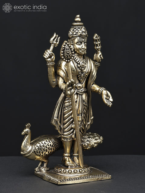 Superfine Four-Armed Standing Lord Murugan (Karttikeya) with Peacock | Small Brass Statue