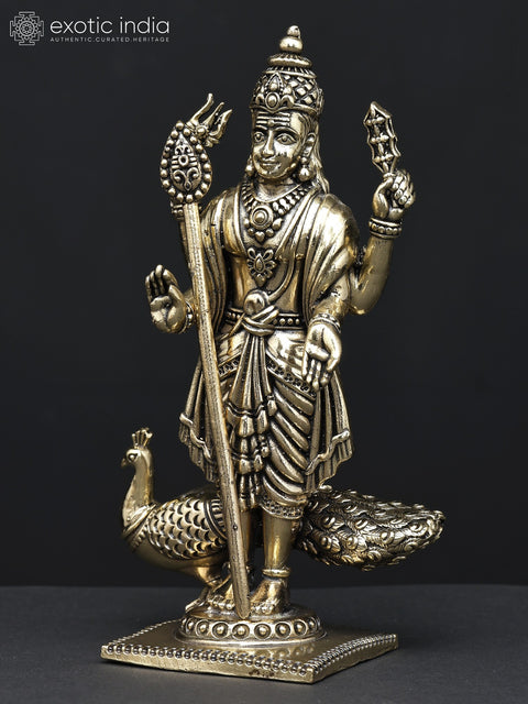 Superfine Four-Armed Standing Lord Murugan (Karttikeya) with Peacock | Small Brass Statue