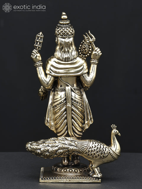 Superfine Four-Armed Standing Lord Murugan (Karttikeya) with Peacock | Small Brass Statue