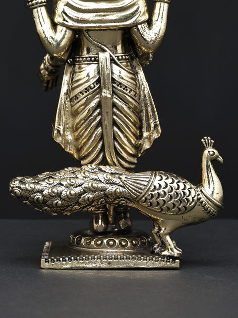 Superfine Four-Armed Standing Lord Murugan (Karttikeya) with Peacock | Small Brass Statue
