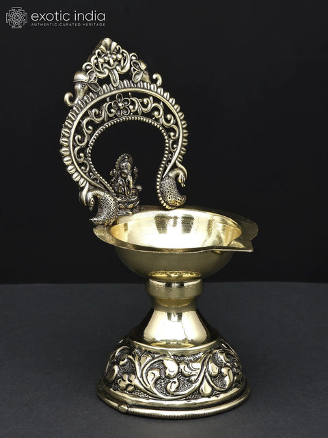 5" Superfine Lord Ganesha Diya (Lamp) in Brass with Kirtimukha Arch