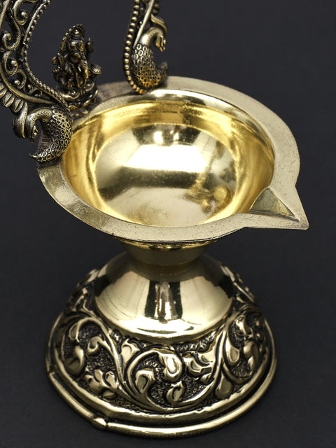 5" Superfine Lord Ganesha Diya (Lamp) in Brass with Kirtimukha Arch
