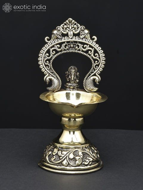 5" Superfine Lord Ganesha Diya (Lamp) in Brass with Kirtimukha Arch