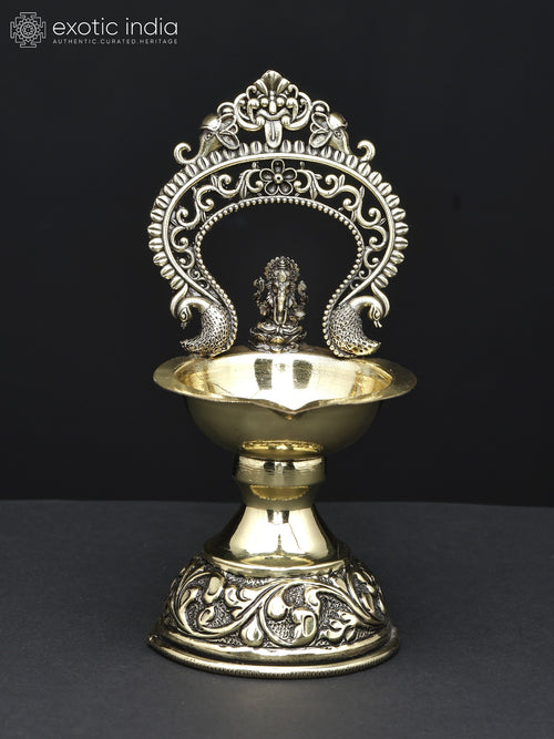 5" Brass Lord Ganesha Diya Lamp with Kirtimukha Arch Handmade