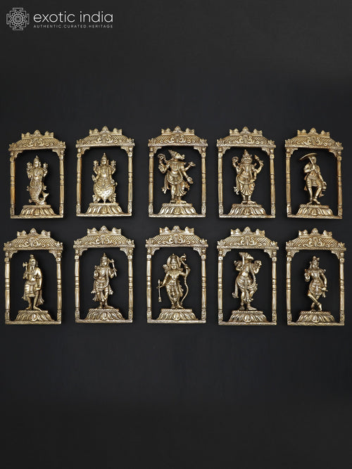 34" Brass Dashavatara Lord Vishnu Ten Avatar Wall Hanging Sculpture Set