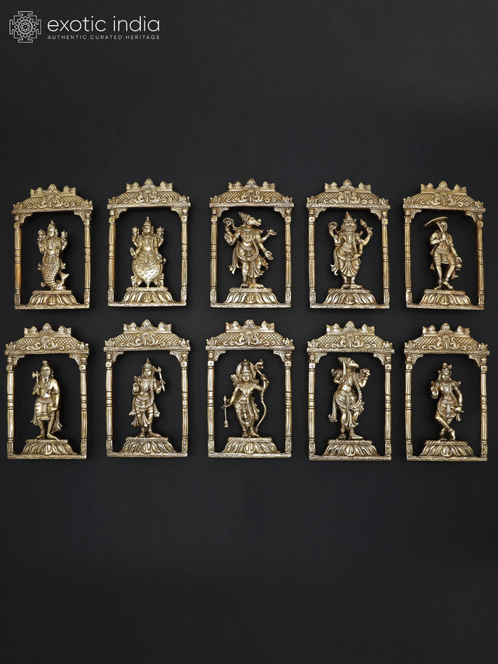 34" Brass Dashavatara Lord Vishnu Ten Avatar Wall Hanging Sculpture Set