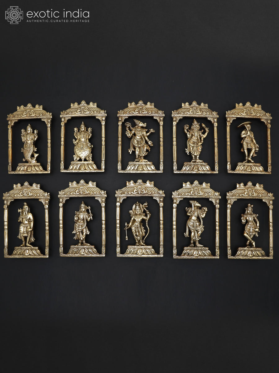 34" Brass Dashavatara Lord Vishnu Ten Avatar Wall Hanging Sculpture Set