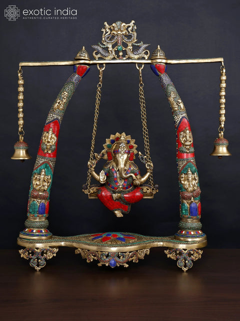 36" Large Lord Ganesha on Kirtimukha Swing with Bells | Brass Statue with Inlay Work