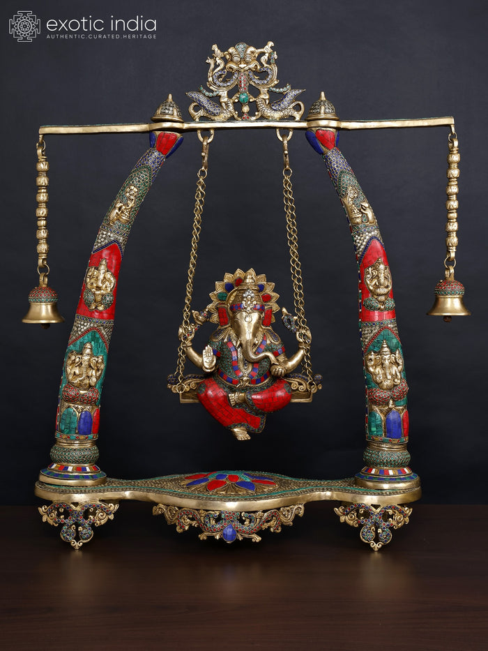 36" Large Lord Ganesha on Kirtimukha Swing with Bells | Brass Statue with Inlay Work