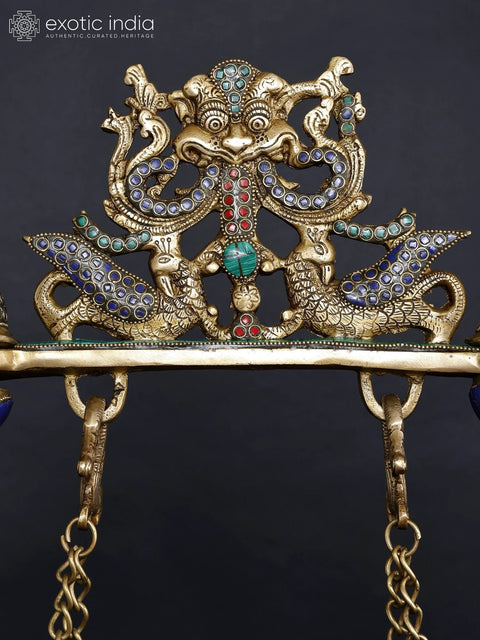 36" Large Lord Ganesha on Kirtimukha Swing with Bells | Brass Statue with Inlay Work