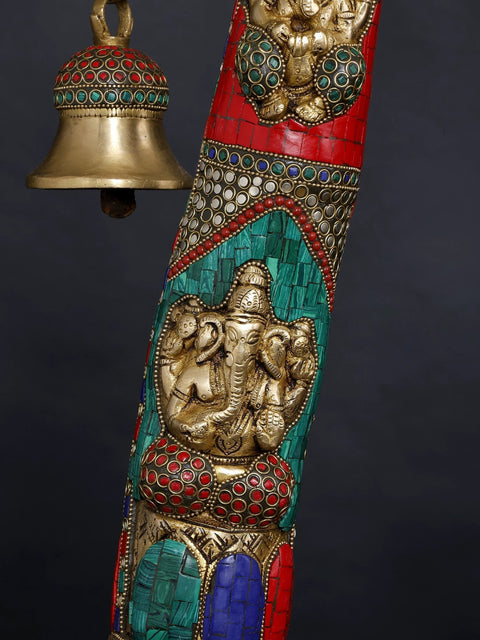 36" Large Lord Ganesha on Kirtimukha Swing with Bells | Brass Statue with Inlay Work