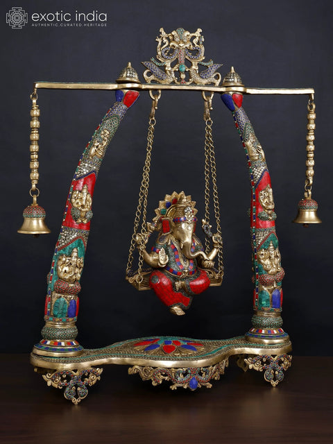 36" Large Lord Ganesha on Kirtimukha Swing with Bells | Brass Statue with Inlay Work
