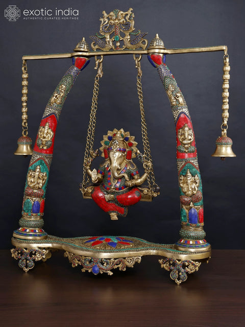 36" Large Lord Ganesha on Kirtimukha Swing with Bells | Brass Statue with Inlay Work