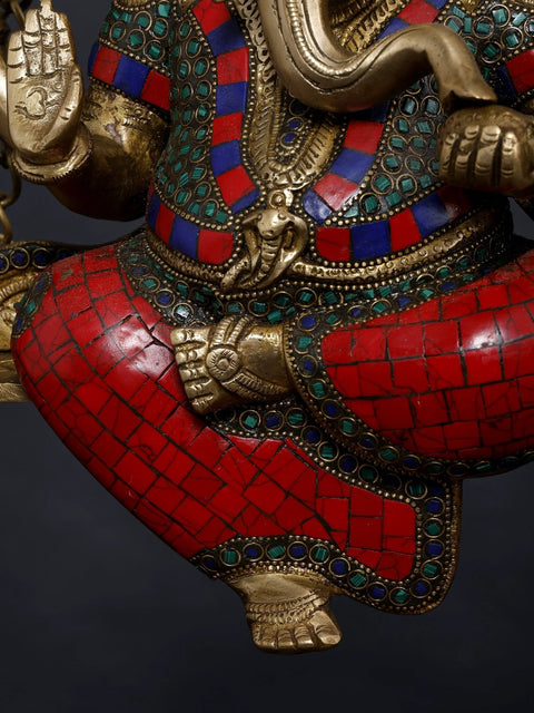 36" Large Lord Ganesha on Kirtimukha Swing with Bells | Brass Statue with Inlay Work