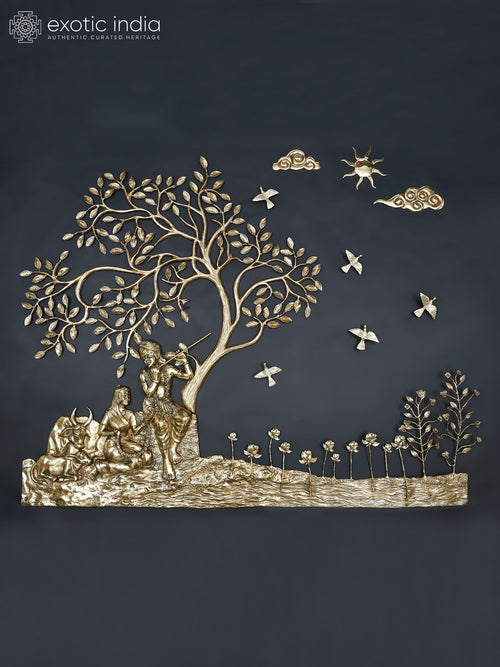 72" Radha Krishna Seated Wall Hanging Brass Sculpture with Cow and Calf