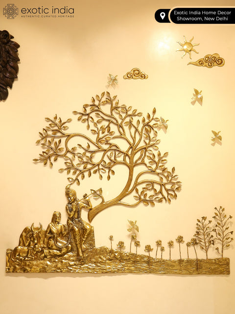 72" Radha Krishna Seated Under The Tree with Cow and Calf | Large Size Wall Hanging