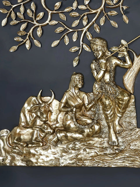 72" Radha Krishna Seated Under The Tree with Cow and Calf | Large Size Wall Hanging