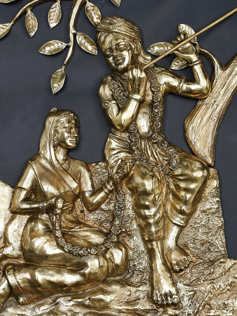 72" Radha Krishna Seated Under The Tree with Cow and Calf | Large Size Wall Hanging