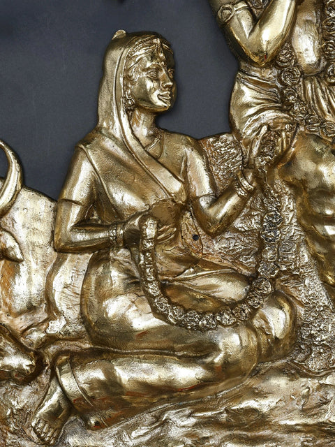 72" Radha Krishna Seated Under The Tree with Cow and Calf | Large Size Wall Hanging