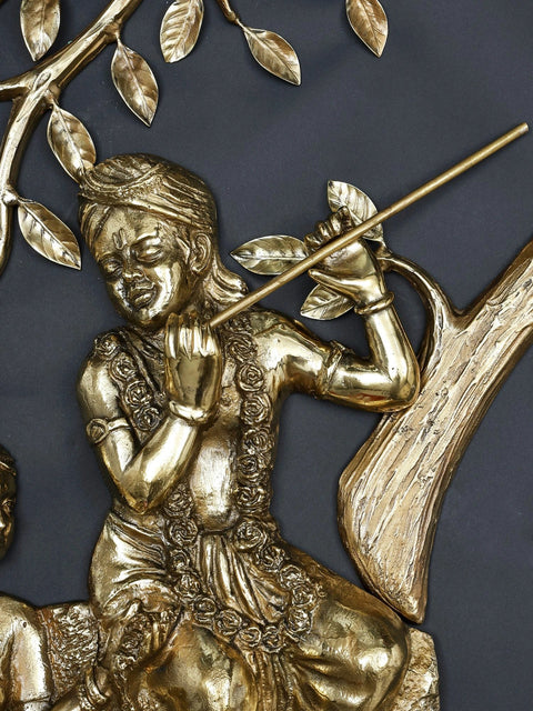 72" Radha Krishna Seated Under The Tree with Cow and Calf | Large Size Wall Hanging