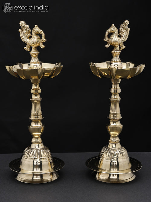 11" Brass Peacock Seven Wick Lamp Pair for Pooja