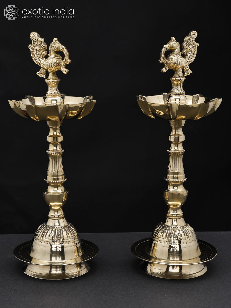 11" Brass Peacock Seven Wick Lamp Pair for Pooja