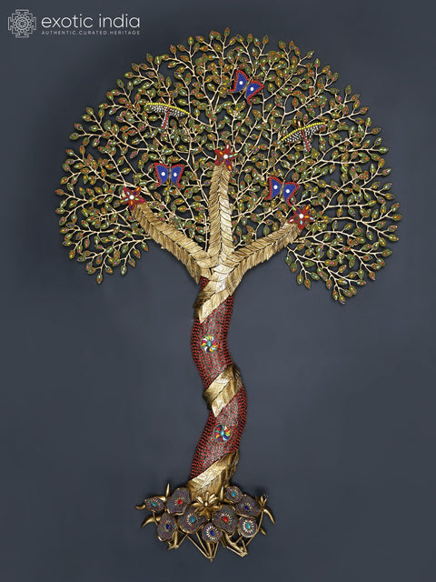 53" Large Tree of Life with Birds | Wall Mounted | Brass with Inlay Work