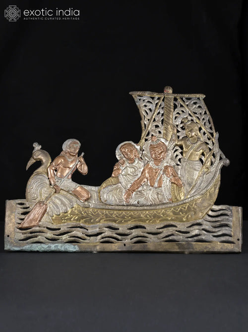 12" Brass Shri Ram Sita Lakshman Kewat's Boat Statue Handmade