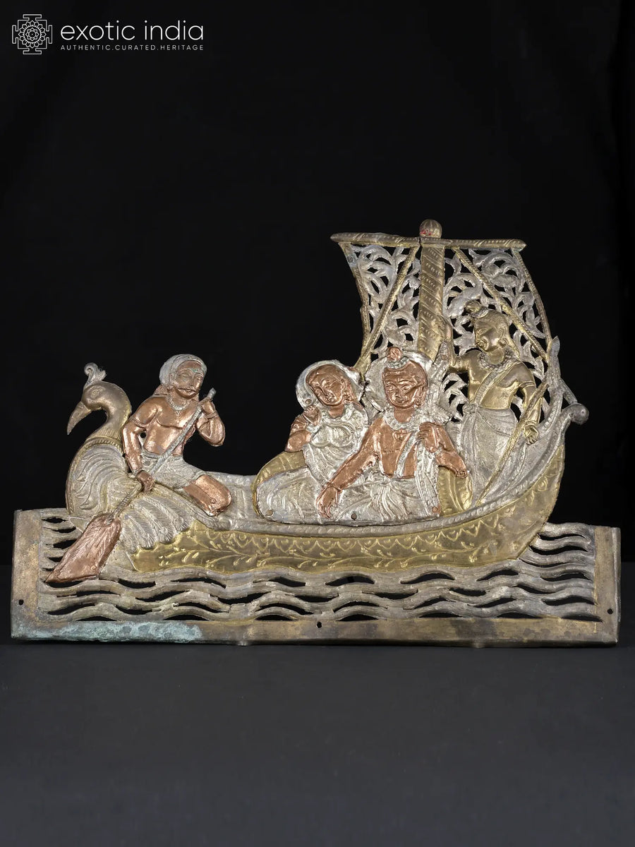 12" Brass Shri Ram Sita Lakshman Kewat's Boat Statue Handmade