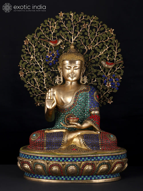 28" Lord Buddha Vitark Mudra Brass Statue with Bodhi Tree Inlay