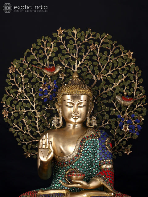 28" Lord Buddha in Vitark Mudra Seated Under The Bodhi Tree | Brass Statue with Inlay Work