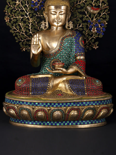 28" Lord Buddha in Vitark Mudra Seated Under The Bodhi Tree | Brass Statue with Inlay Work