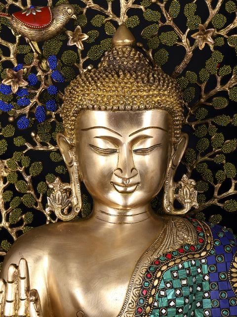 28" Lord Buddha in Vitark Mudra Seated Under The Bodhi Tree | Brass Statue with Inlay Work