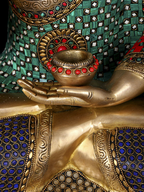 28" Lord Buddha in Vitark Mudra Seated Under The Bodhi Tree | Brass Statue with Inlay Work