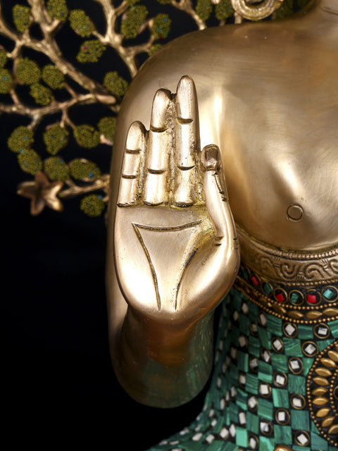 28" Lord Buddha in Vitark Mudra Seated Under The Bodhi Tree | Brass Statue with Inlay Work