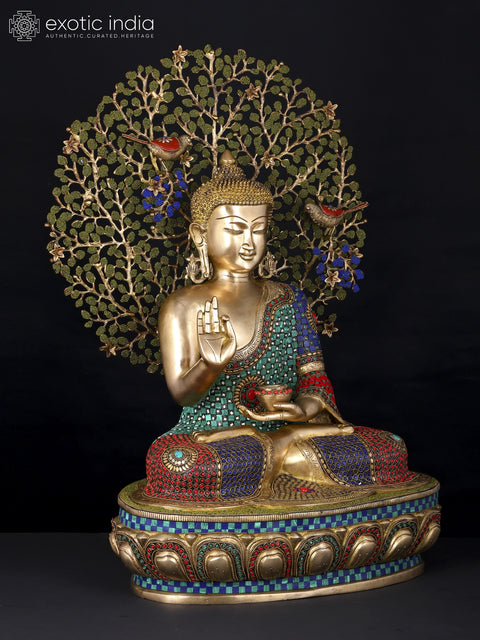 28" Lord Buddha in Vitark Mudra Seated Under The Bodhi Tree | Brass Statue with Inlay Work