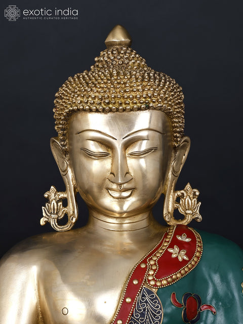 17" Lord Buddha Seated in Varada Mudra | Brass Statue with Inlay Work