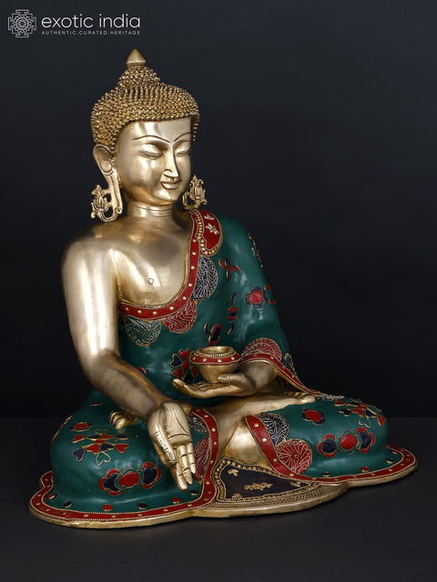 17" Lord Buddha Seated in Varada Mudra | Brass Statue with Inlay Work