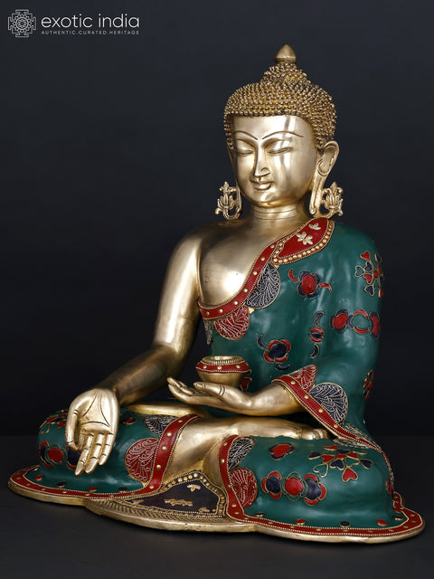 17" Lord Buddha Seated in Varada Mudra | Brass Statue with Inlay Work