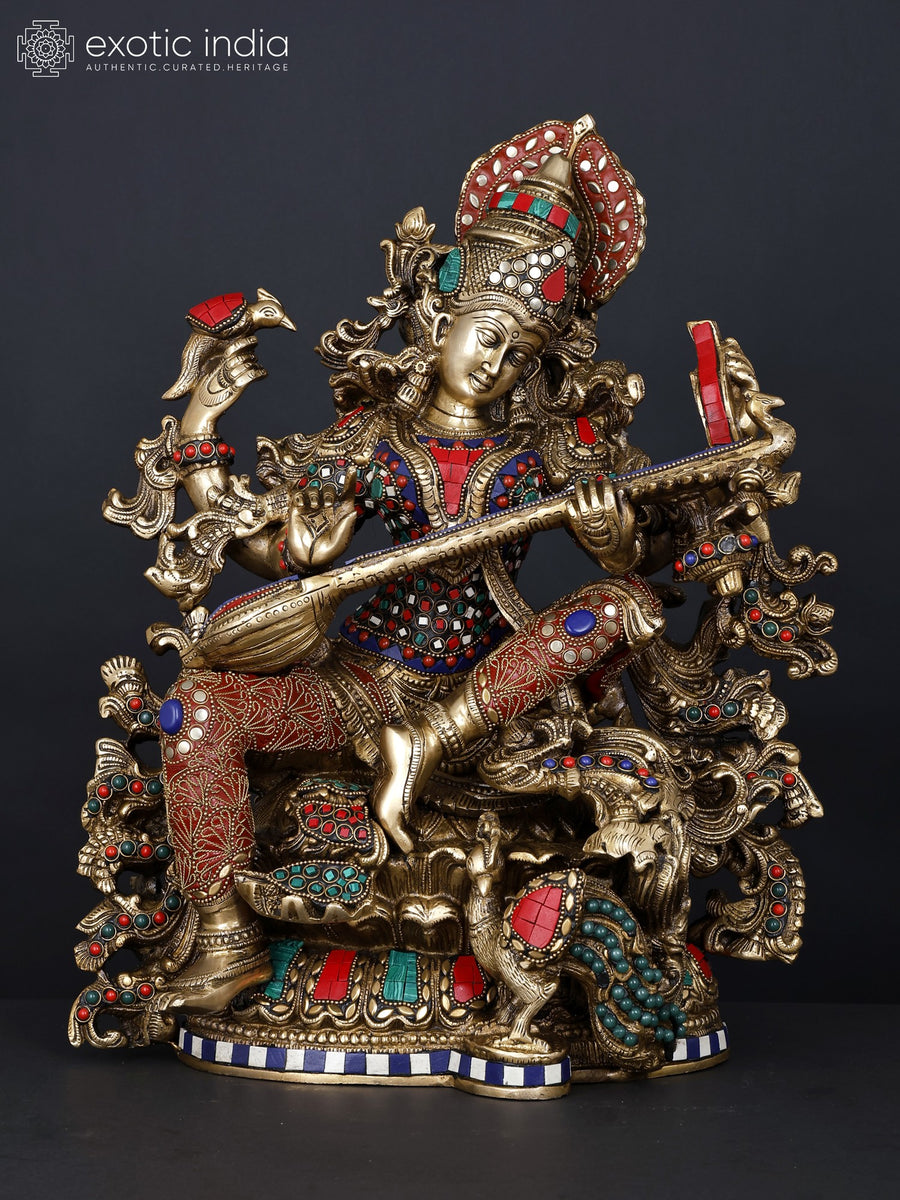 17" Four Armed Saraswati Playing Veena Brass Statue with Inlay