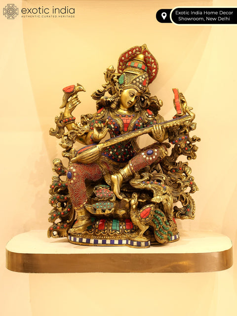 17" Four Armed Goddess Saraswati Playing Veena | Brass Statue with Inlay Work