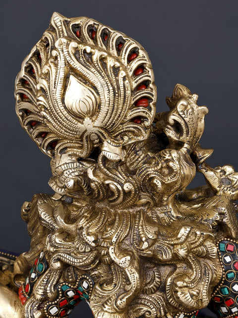 17" Four Armed Goddess Saraswati Playing Veena | Brass Statue with Inlay Work