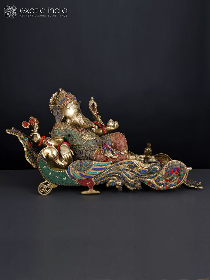 32" Brass Ganesha Idol Relaxing on Peacock Recliner with Inlay Work