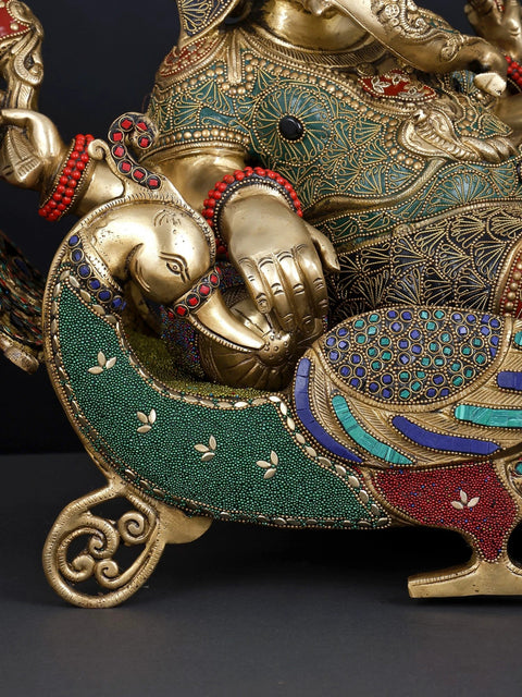32" Brass Ganesha Idol Relaxing on Peacock Recliner | Brass Staute with Inlay Work