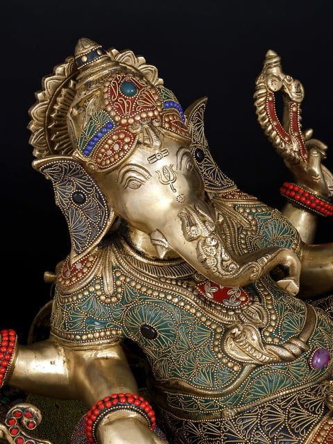 32" Brass Ganesha Idol Relaxing on Peacock Recliner | Brass Staute with Inlay Work
