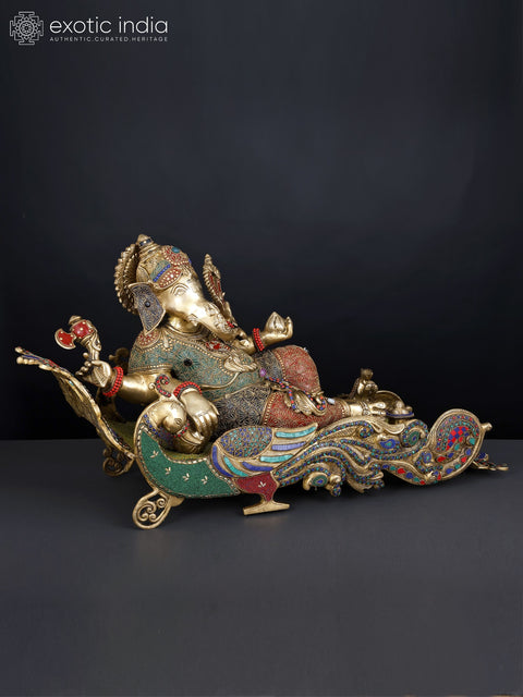 32" Brass Ganesha Idol Relaxing on Peacock Recliner | Brass Staute with Inlay Work