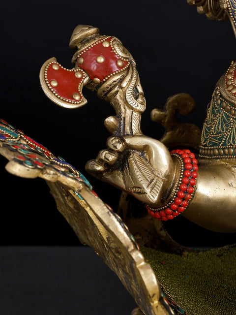 32" Brass Ganesha Idol Relaxing on Peacock Recliner | Brass Staute with Inlay Work